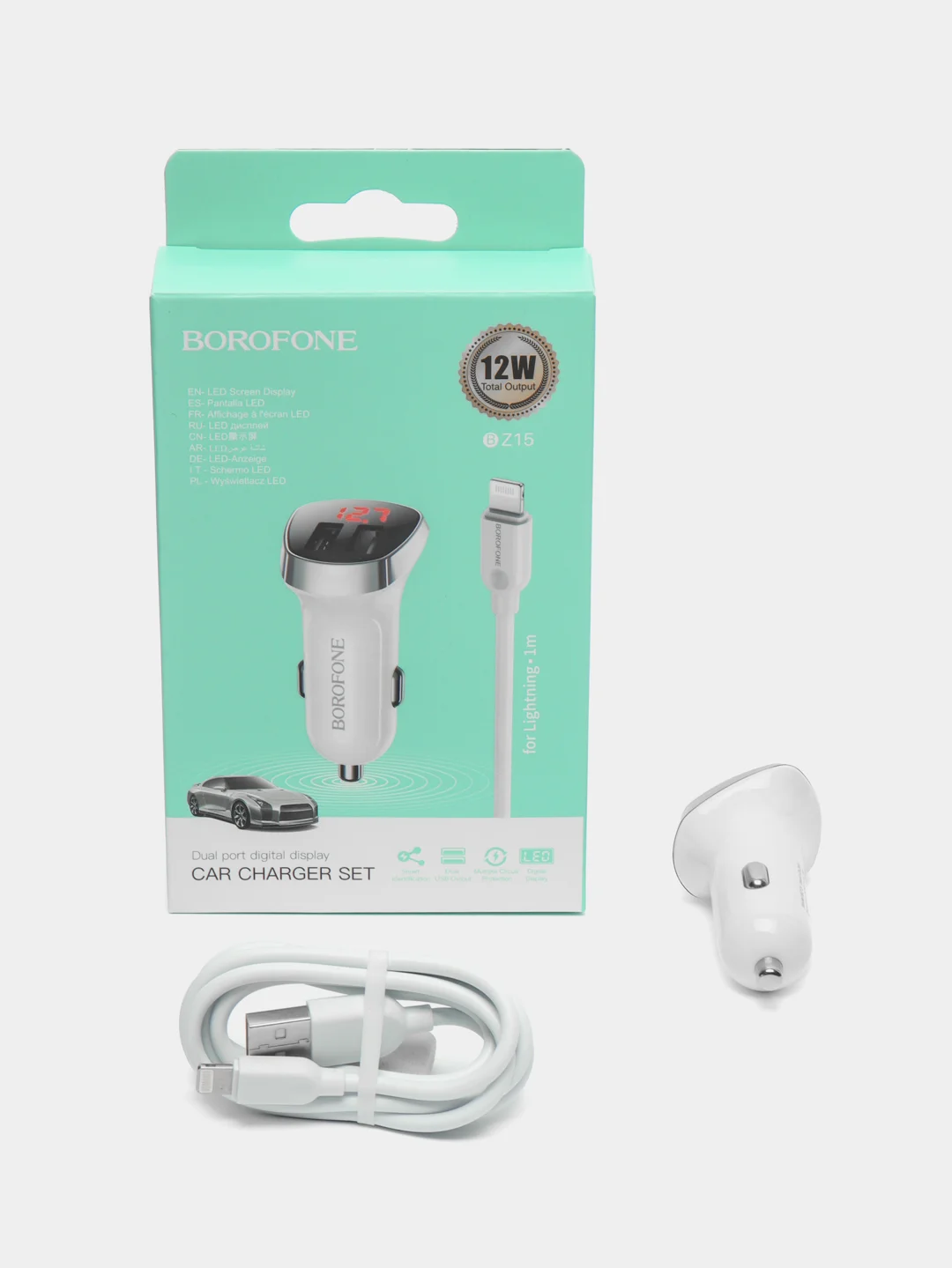Белый автомобильное зарядное устройство Borofone BZ15, с USB-Lightning