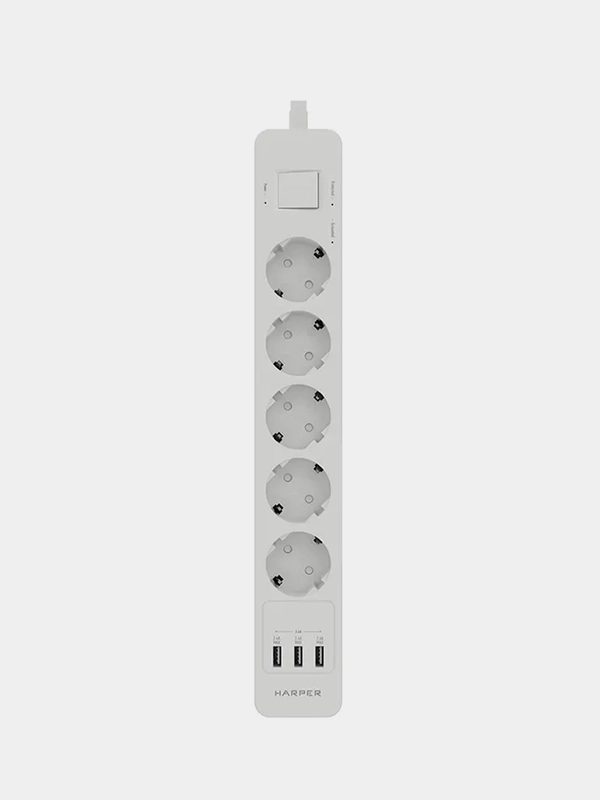 Сетевой фильтр Harper UCH-550, 5 метров, 5 розеток, 3 USB, 4000 Вт, белый