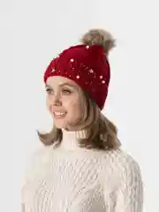 Красный шапка  подростковая вязанная, с помпоном, женская шапка