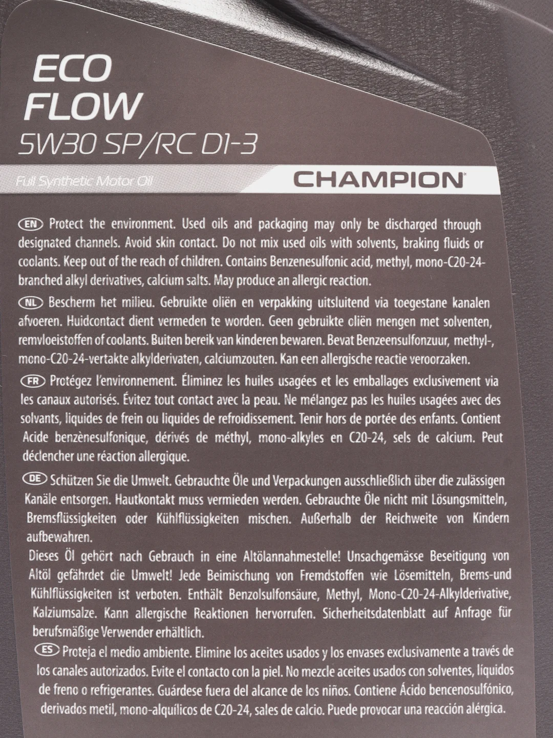 Автомобильное синтетическое моторное масло Champion Eco Flow, 5w30, SP/RC, D1-3, 1 л