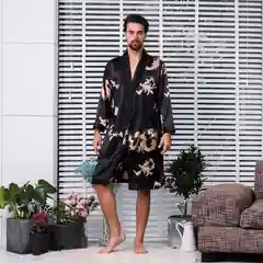 Черный мужской шелковый халат