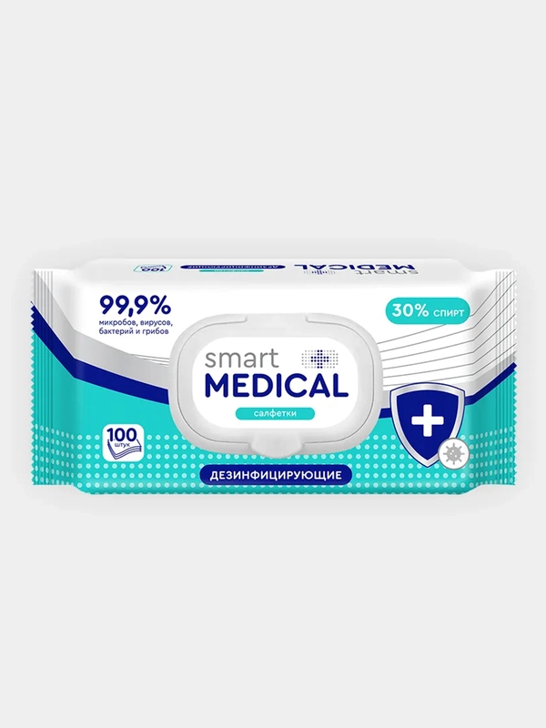 Влажные салфетки дезинфицирующие, с пластиковым клапаном Smart medical, 100 штук