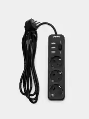 Черный сетевой фильтр удлинитель Perfeo Power Stream, 3 USB порта, 3 розетки