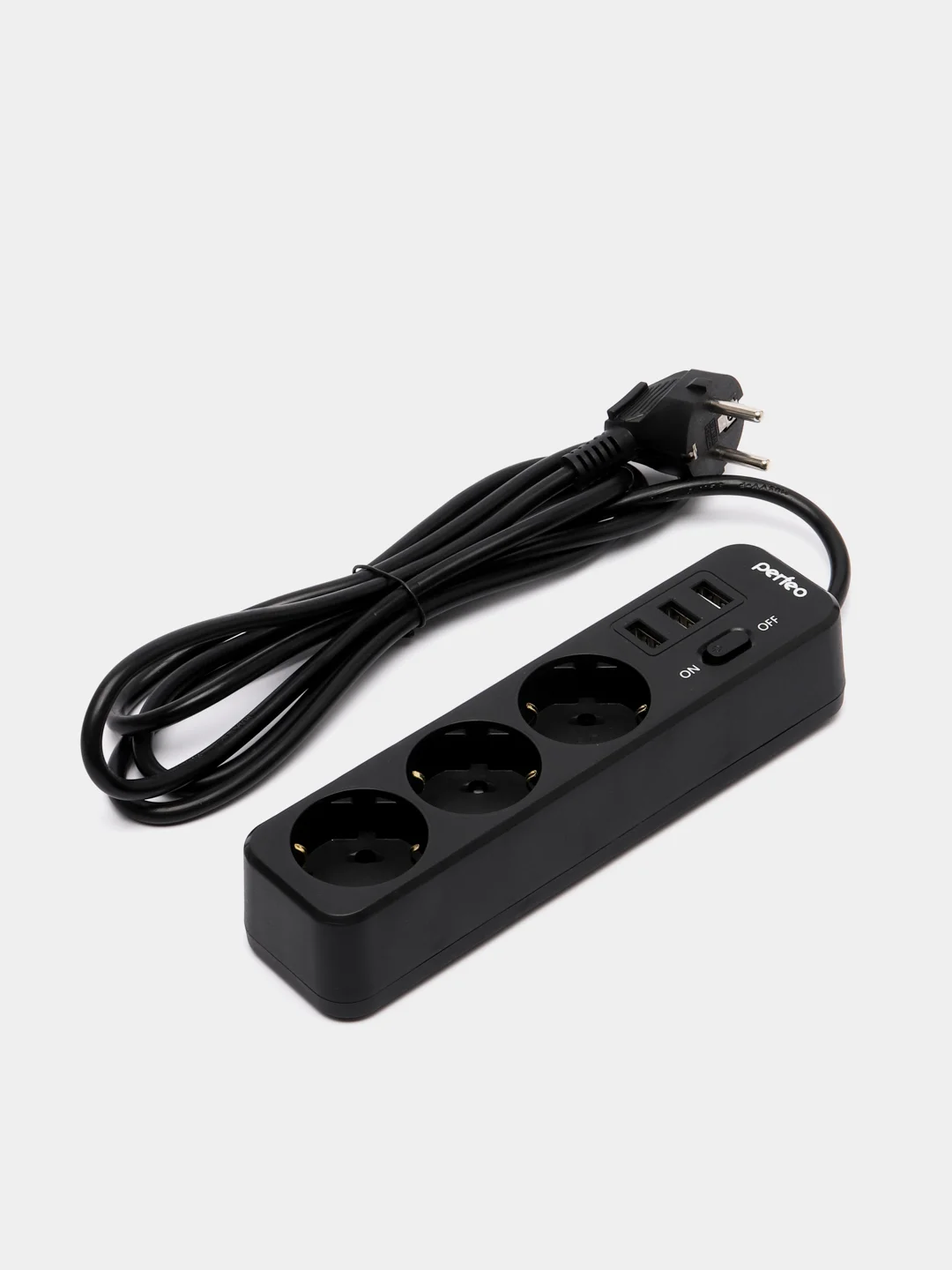 Черный сетевой фильтр удлинитель Perfeo Power Stream, 3 USB порта, 3 розетки
