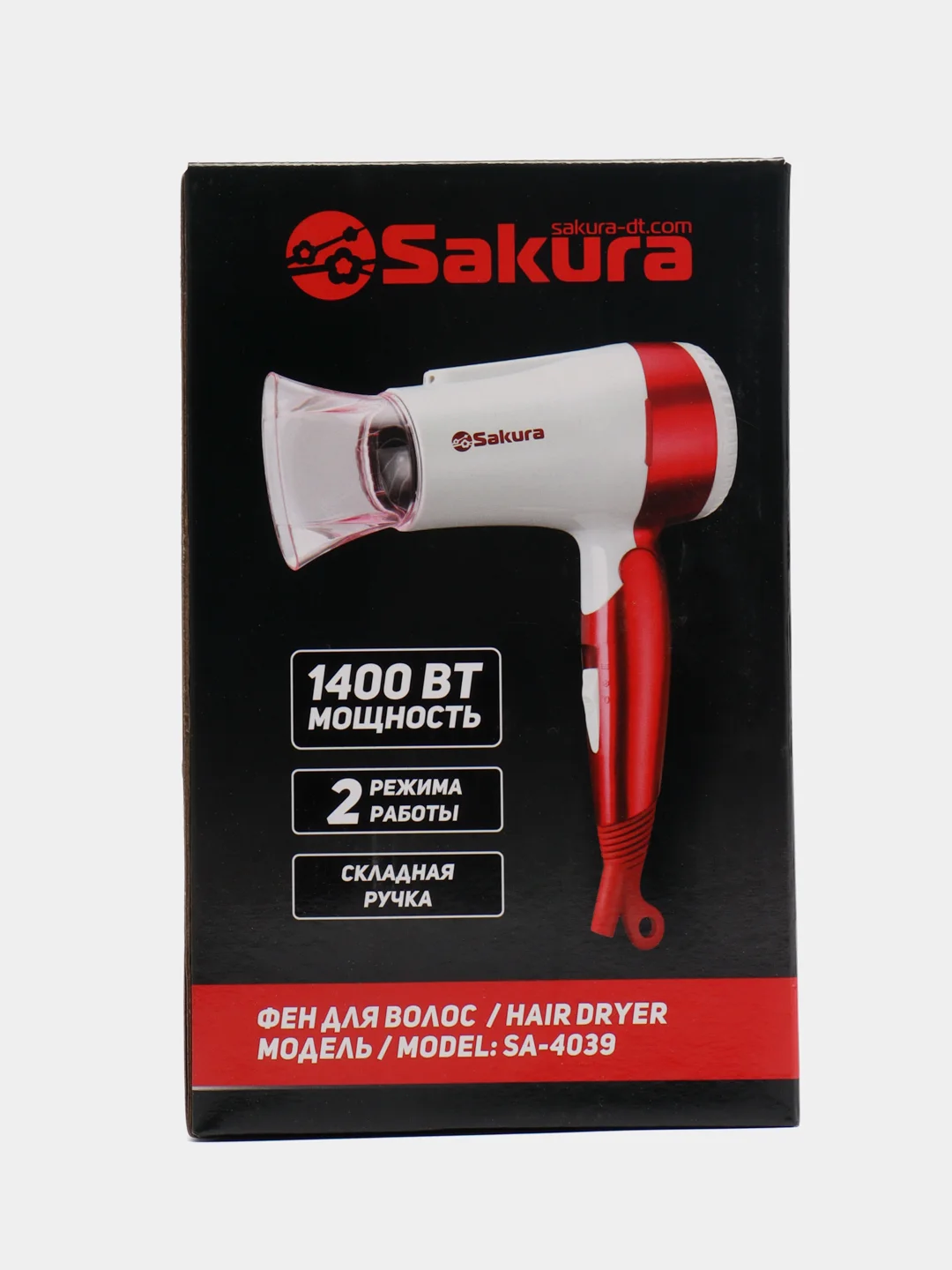 Красный фен для волос Sakura SA-4039WR, 1400 Вт, 2 температурных режима