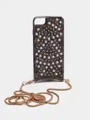 Светло-коричневый чехол с цепочкой iPhone 6 / 7 / 8 / Se 2020 / 6 Plus / 7 Plus / 8 Plus стразы, жемчуг
