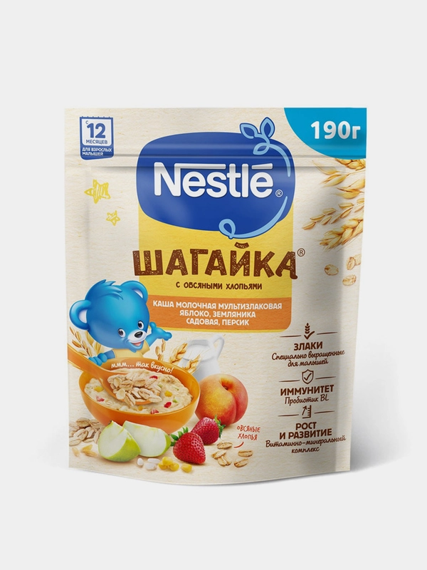 Каша детская NESTLE Шагайка молочная злаковая яблоко земляника персик, c 12 мес, 190 г