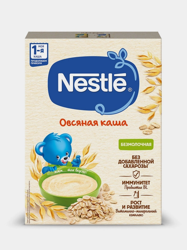 Каша детская NESTLE безмолочная овсяная с бифидобактериями, с 4 мес, карт.коробка, 200 г