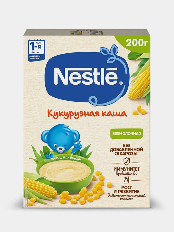 Каша детская NESTLE безмолочная кукурузная с бифидобактериями с 5 мес, карт.короб., 200 г