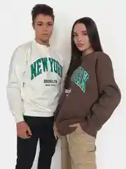 Коричневый свитшот унисекс, оверсайз, с флисом, с надписью New-York