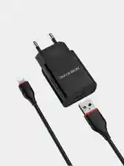 Черный сетевое зарядное устройство Borofone BA20A 5V/2.1A 1xUSB, с кабелем Lightning 8-pin черный