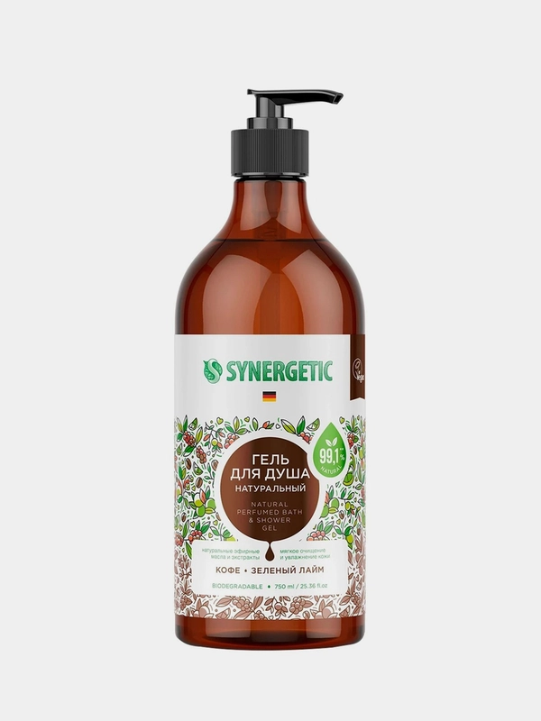 Гель для душа SYNERGETIC "Кофе и зеленый лайм", увлажняющий, натуральный, 750 мл