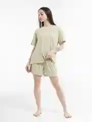Оливковый пижама оверсайз женская из вискозы, шорты и футболка