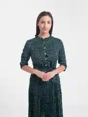 Тёмно-зелёный платье женское, с поясом, принт в мелкий горошек