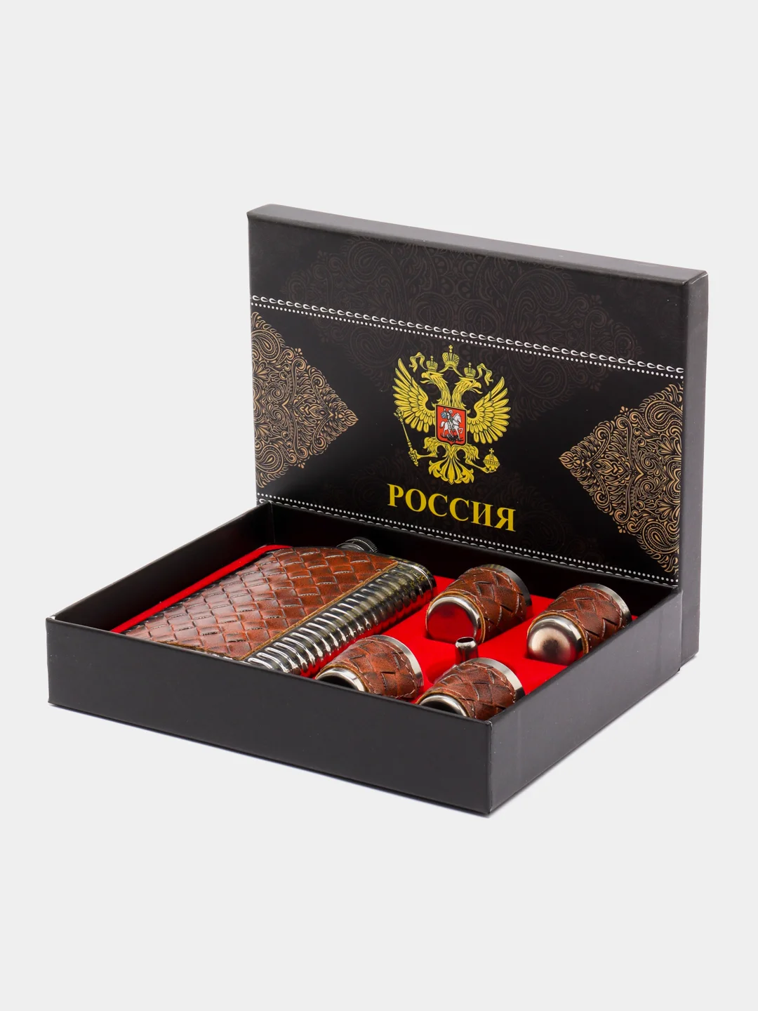 Серый подарочный набор, мужской: фляга с рюмками