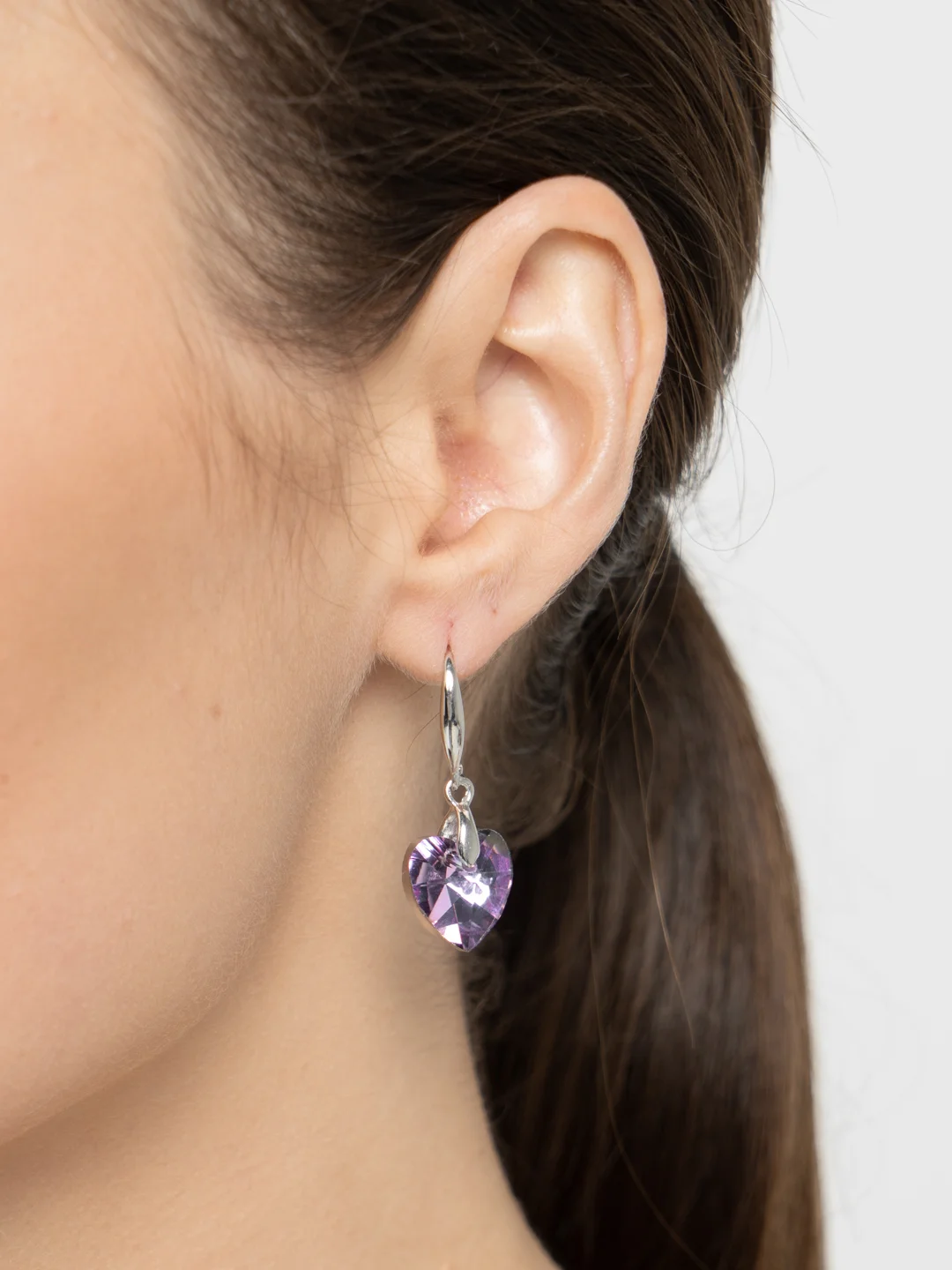 Фиолетовый серьги "Сердечки" с кристаллом Сваровски Swarovski с покрытием серебром 925 пробы