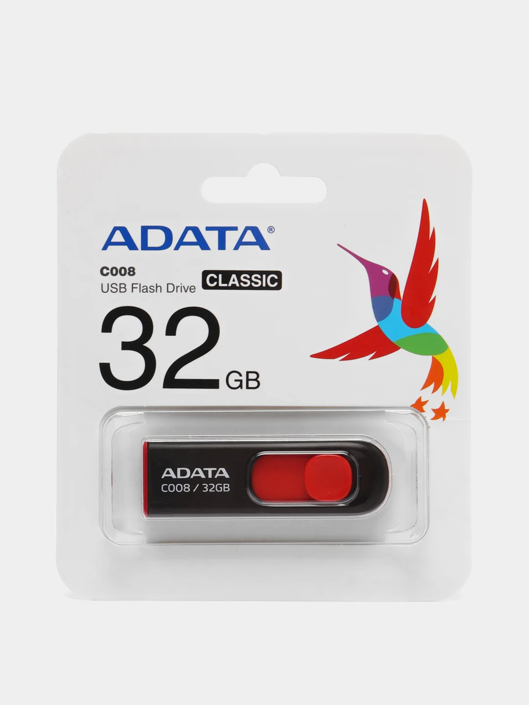 Красный флешка A-Data C008, USB, выдвижная,  16 / 32 / 64 Гб, флеш-накопитель