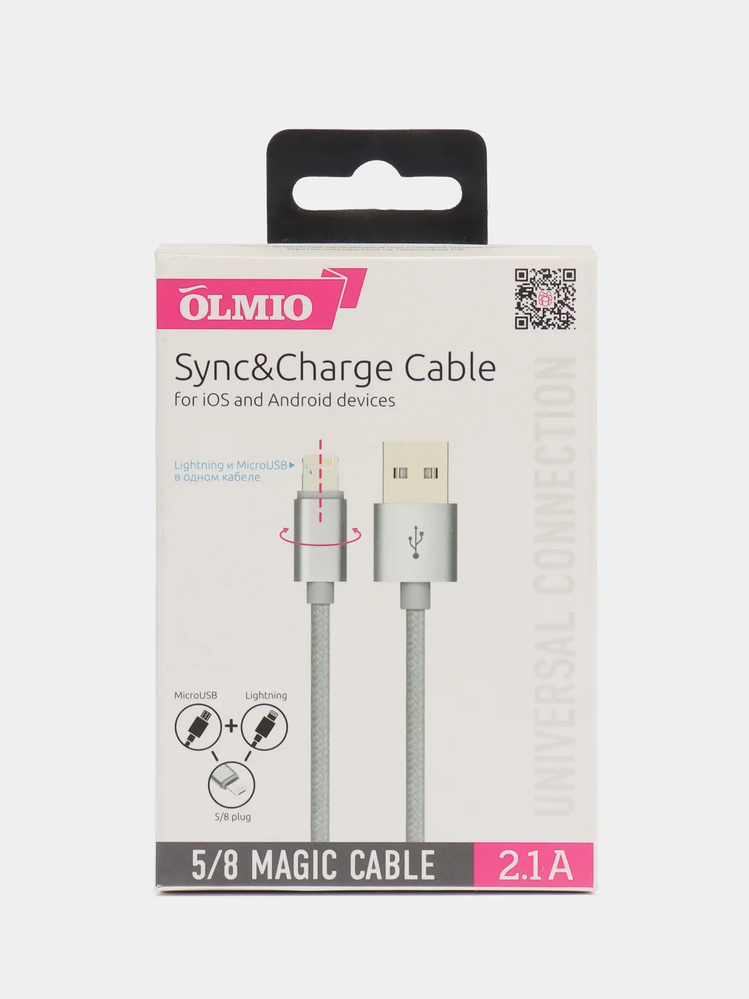 Кабель USB 2.0 OLMIO "Magic 5/8", microUSB + lightning, 2.1 А, 1 м