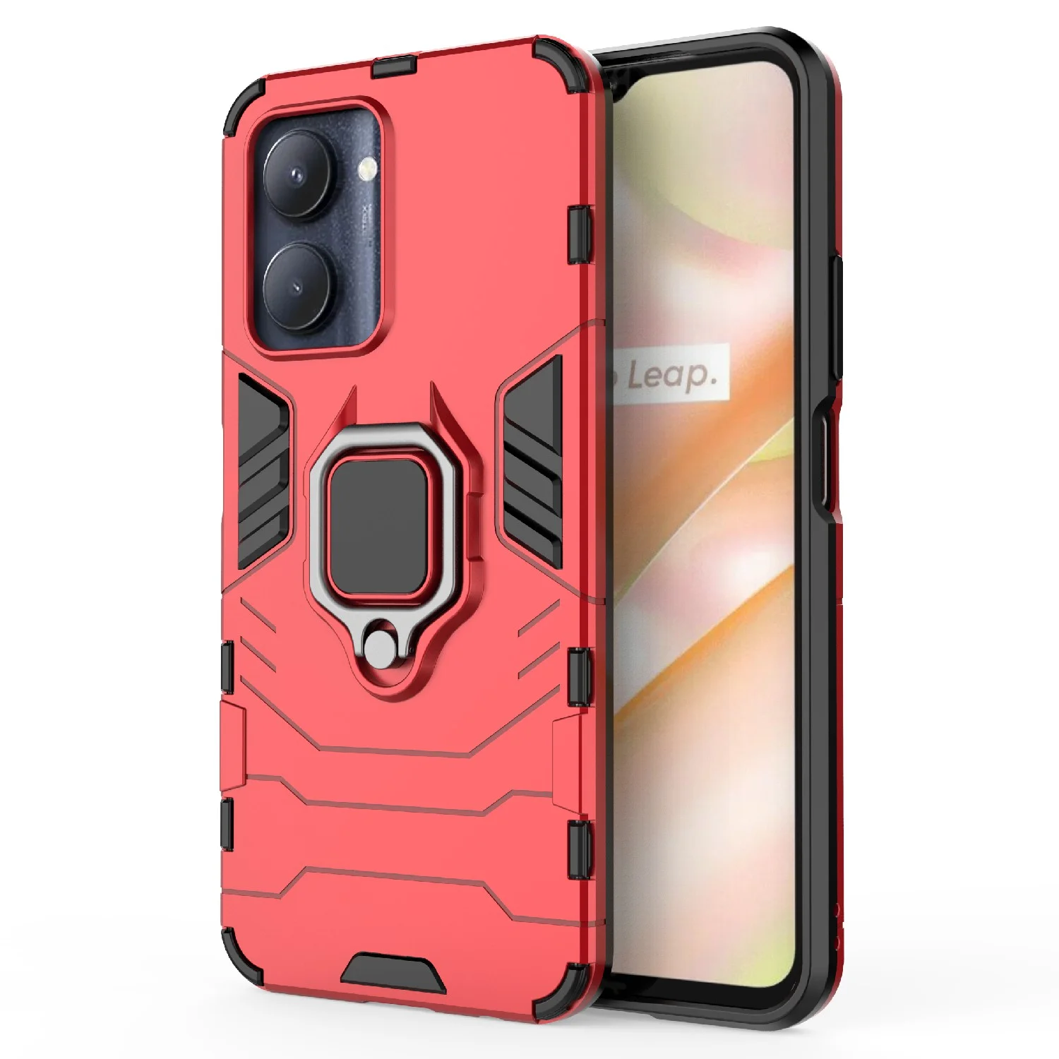 Красный чехол противоударный с кольцом на Realme C33 (Реалми С33)
