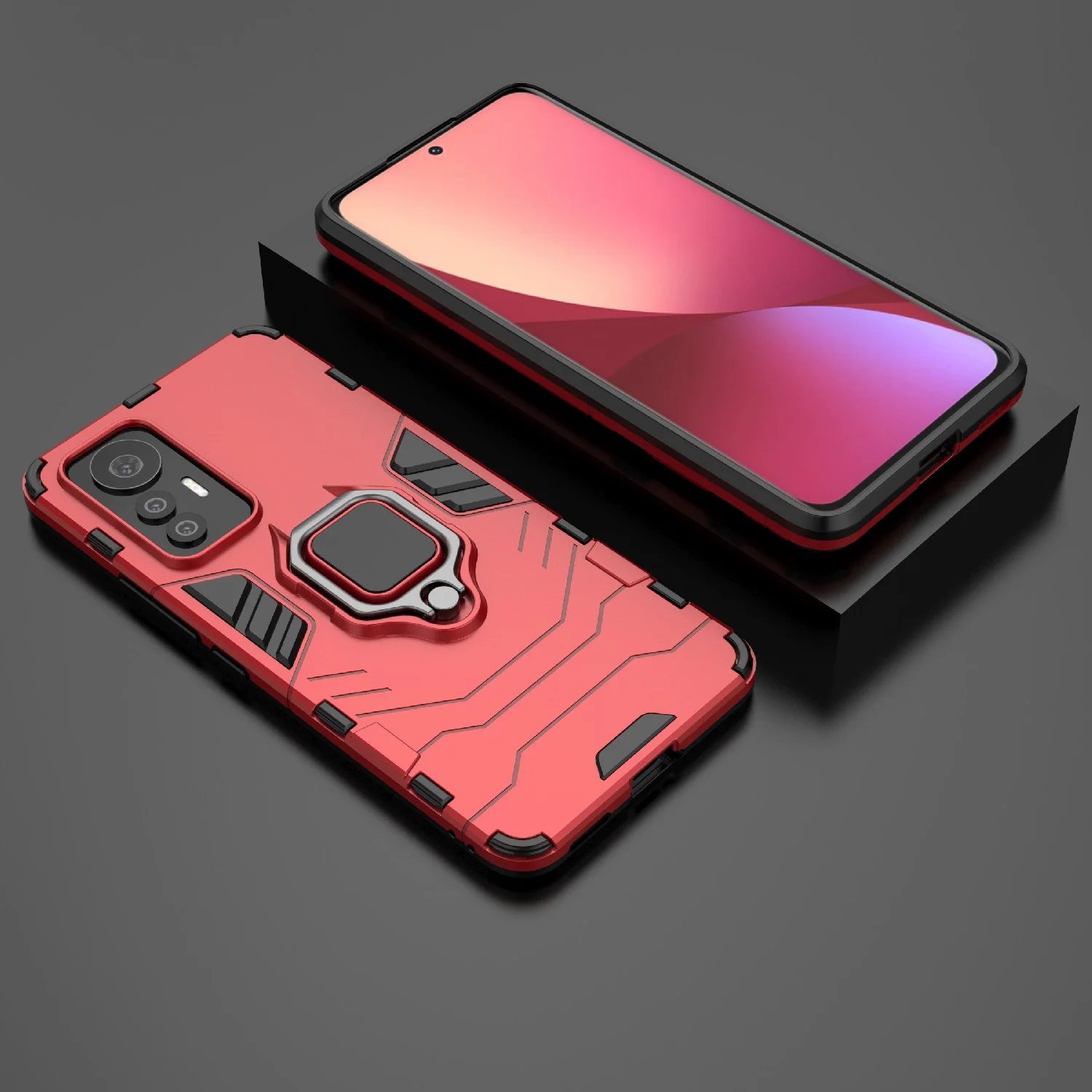 Красный чехол противоударный с кольцом-держателем на Xiaomi 12 Lite (Сяоми 12 Лайт)