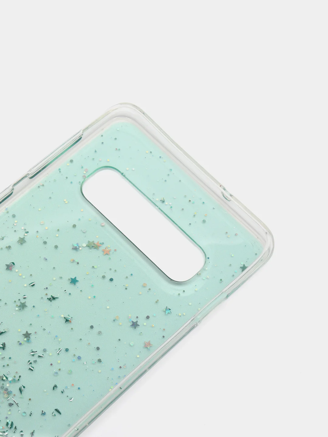Мятный чехол на Samsung S10 прозрачный с блестками, силиконовый