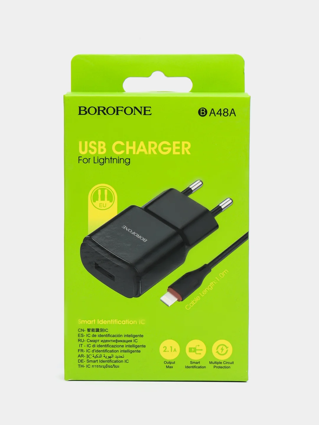 Черный блок питания для iPhone Borofone BA48A, 2.1 A+кабель Lighting