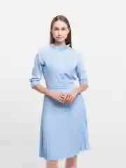 Голубой платье женское, с поясом, принт в мелкий горошек