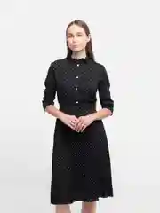 Черный платье женское, с поясом, принт в мелкий горошек