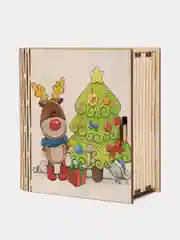 Шкатулка-книжка деревянная "Оленёнок и ёлка" с пожеланием, для украшений и мелочей