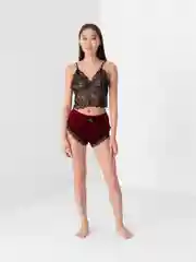 Бордовый пижама женская: топ ажурный и шорты велюр
