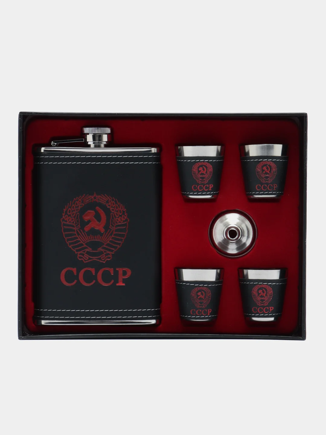 Черный подарочный набор, мужской: фляга с рюмками