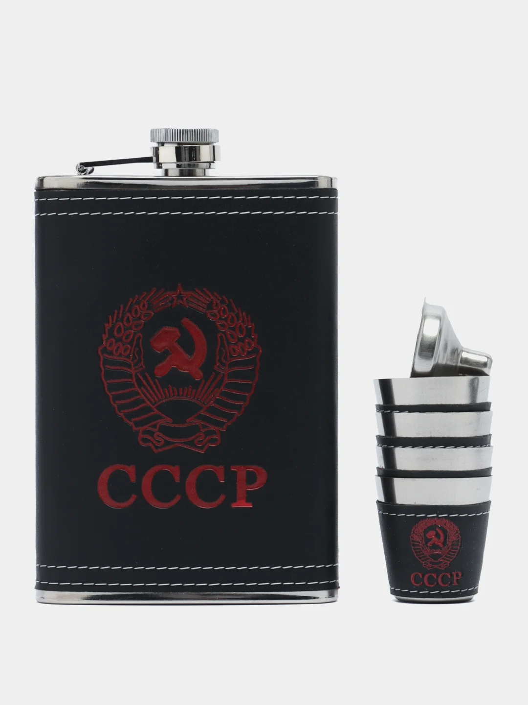 Черный подарочный набор, мужской: фляга с рюмками