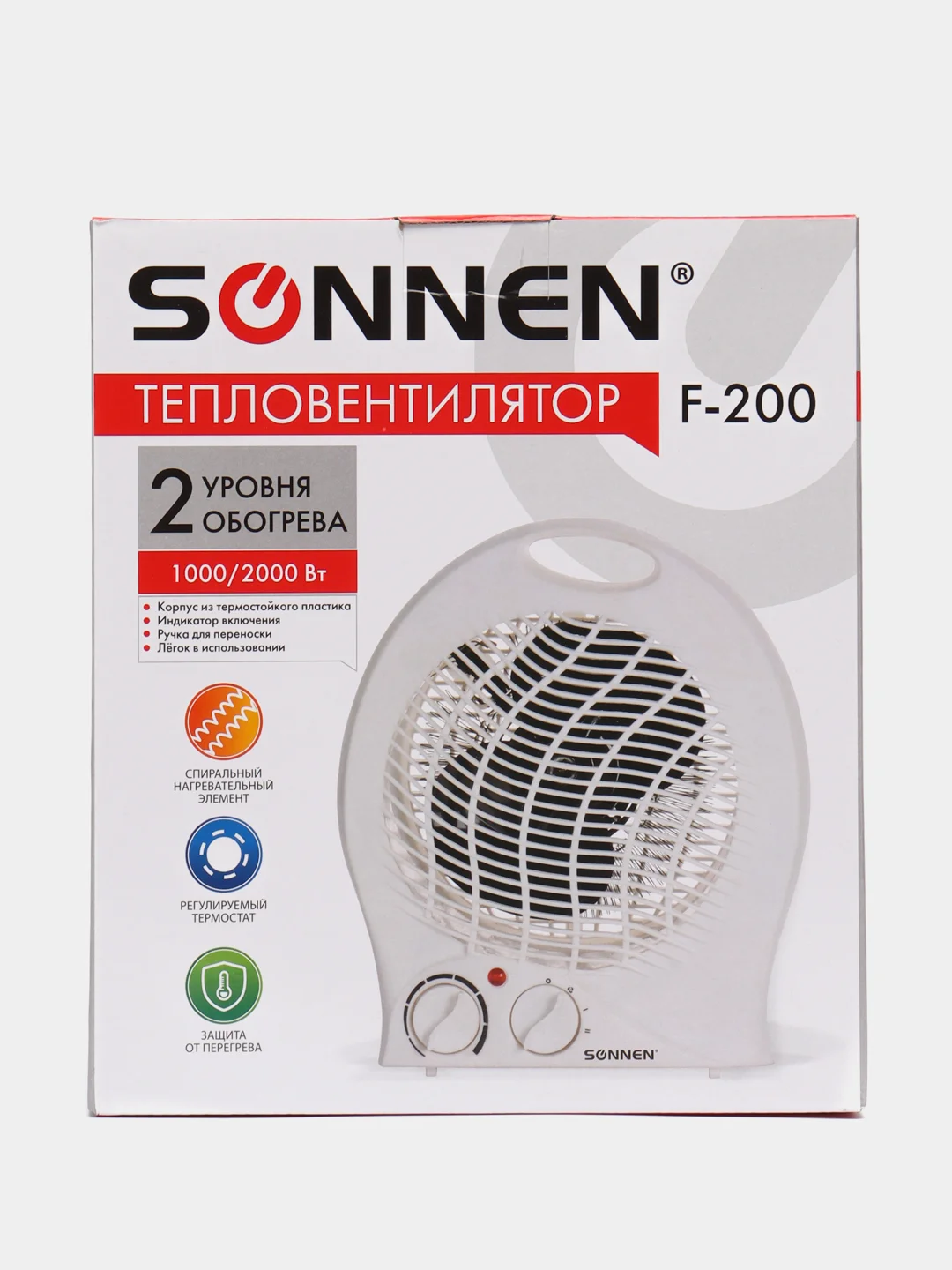 Тепловентилятор SONNEN F-200, 1000/2000Вт, 2 режима работы, белый, 453493
