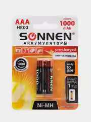Батарейки аккумуляторные КОМПЛЕКТ 2шт, SONNEN, ААA (HR03), Ni-Mh,1000mAh,в блистере,454237