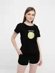 Черный женский костюм: футболка с принтом "Lemon" и шорты с лампасами