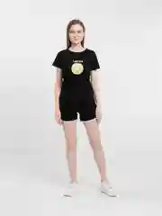 Черный женский костюм: футболка с принтом "Lemon" и шорты с лампасами