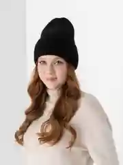 Черный шапка бини женская, зимняя, вязаная, утепленная, с отворотом, 7 цветов