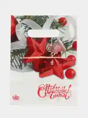 Серебряный пакет новогодний подарочный,набор 5 шт,10 шт "Алые звёзды" полиэтиленовый  19 х 25 см