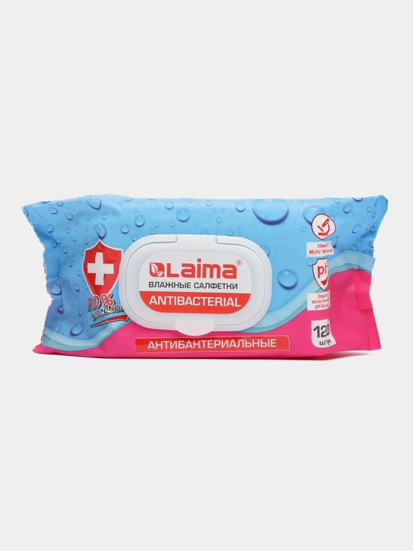 Салфетки влажные АНТИБАКТЕРИАЛЬНЫЕ 120 шт, LAIMA Antibacterial, крышка-клапан, 112497