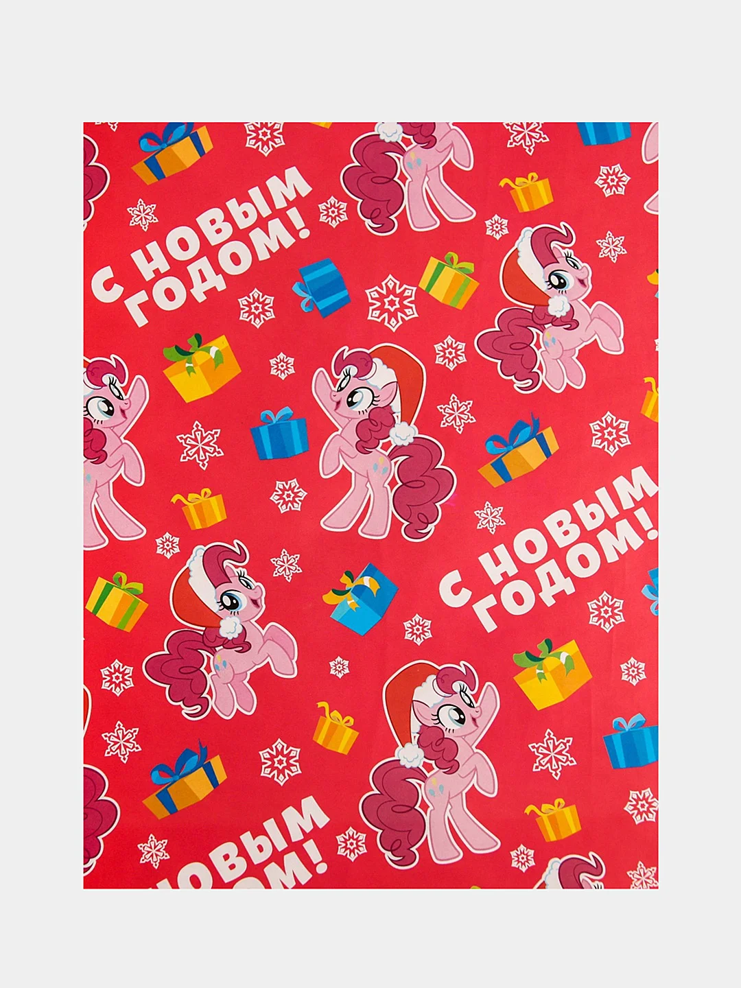 Красный бумага новогодняя упаковочная подарочная глянцевая "Единорожки,пони",3 варианта