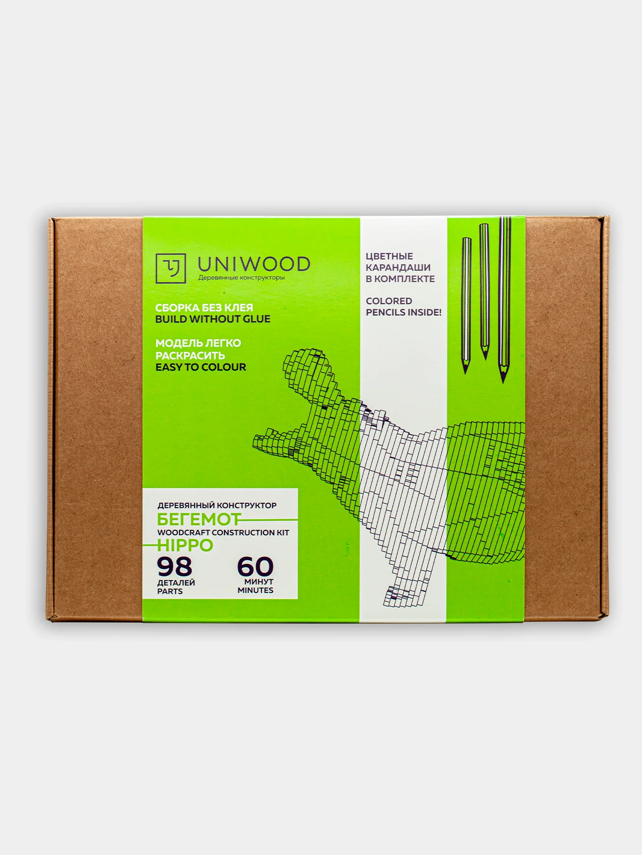Деревянный конструктор UNIWOOD Бегемот с карандашами/ Сборная модель/ 3D конструктор