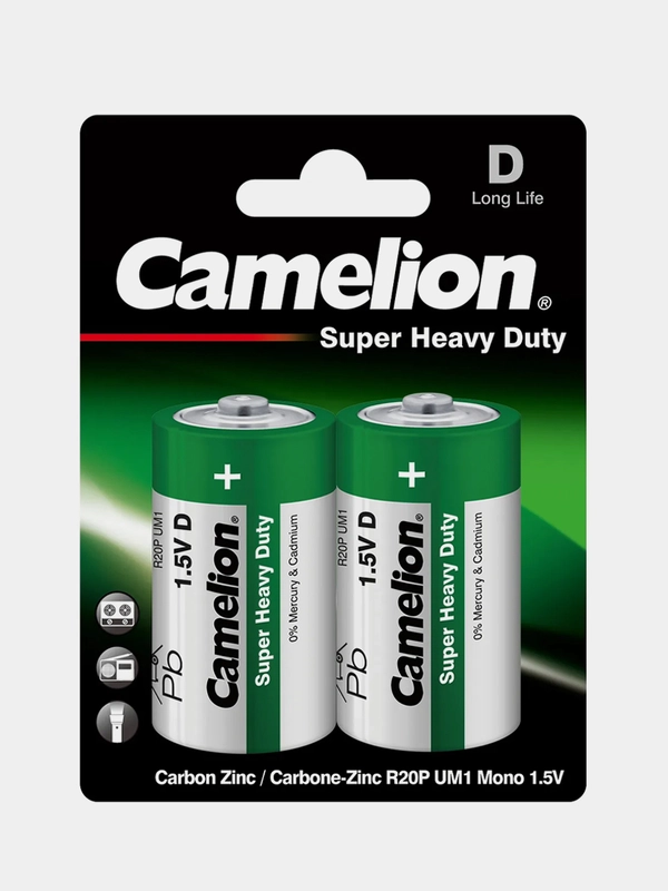 Батарейки солевые Camelion R20P-BP2G Super Heavy Duty Green, тип D, 2 штуки