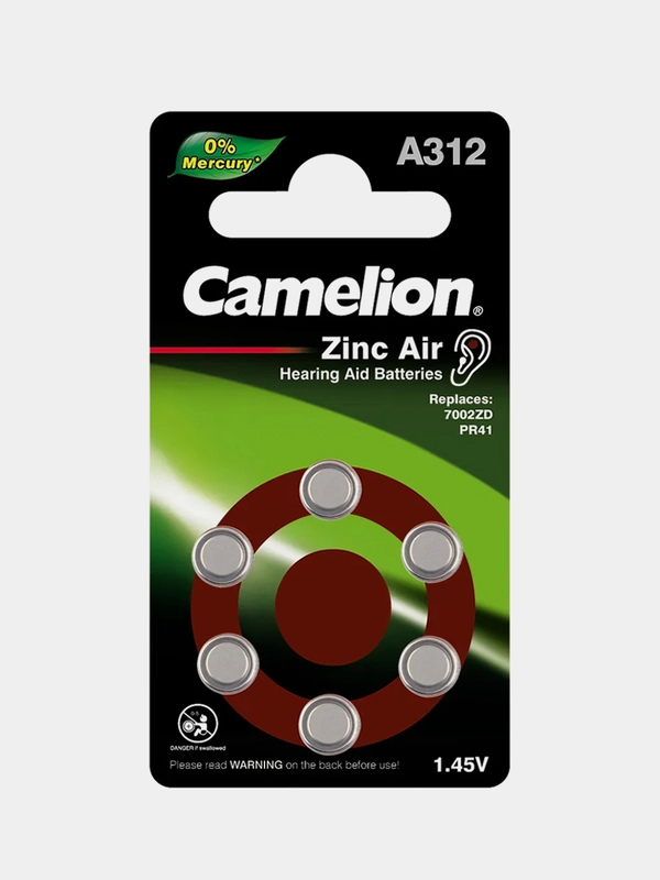 Батарейки для слуховых аппаратов Camelion ZA312 BL-6, 1.4 V, 170mAh, 6 штук