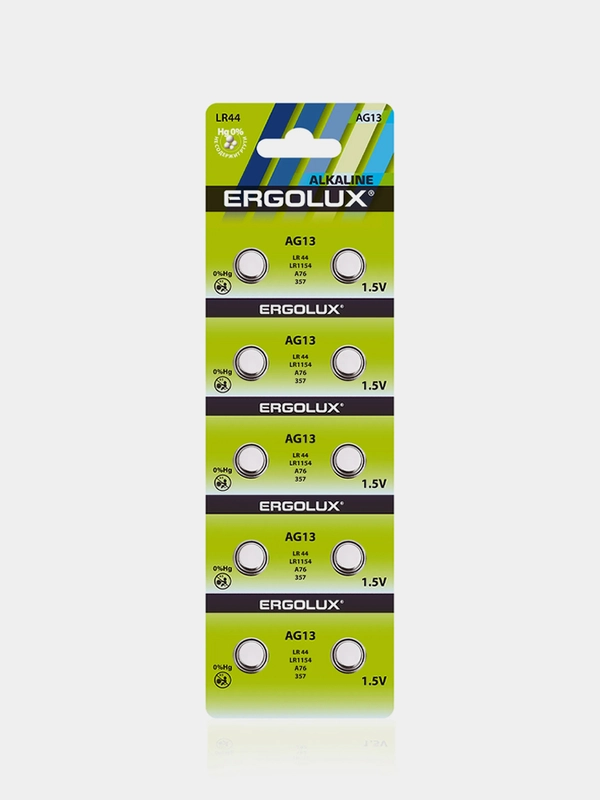 Батарейки дисковые алкалиновые Ergolux AG13-BP10 LR44/LR1154/A76/357, 10 штук