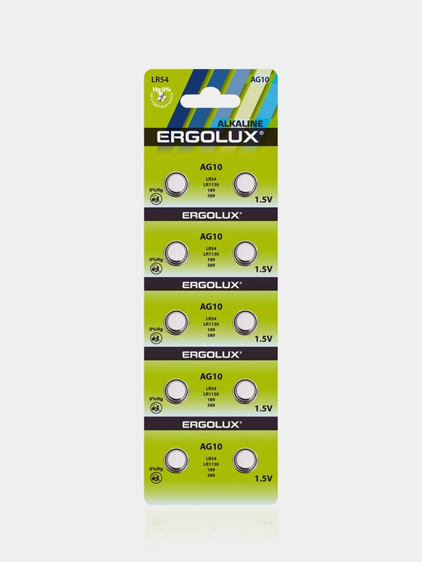 Батарейки дисковые алкалиновые Ergolux AG10-BP10 LR54/LR1130/189/389, 10 штук