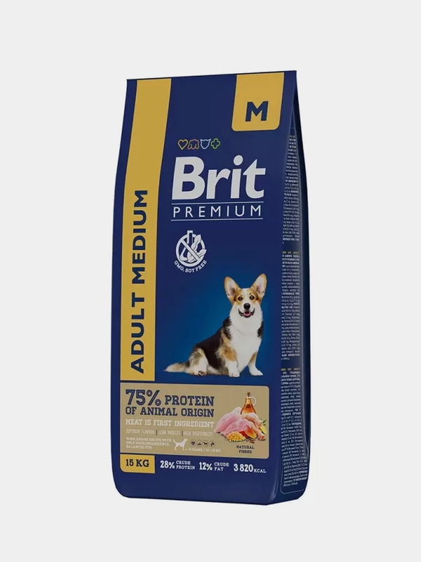 Корм сухой Brit Premium, для взрослых собак средних пород, курица, 15 кг