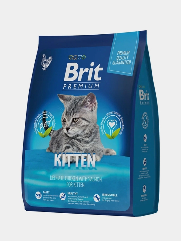 Корм сухой для котят Brit Premium Kitten, с курицей и лососем, 2 кг