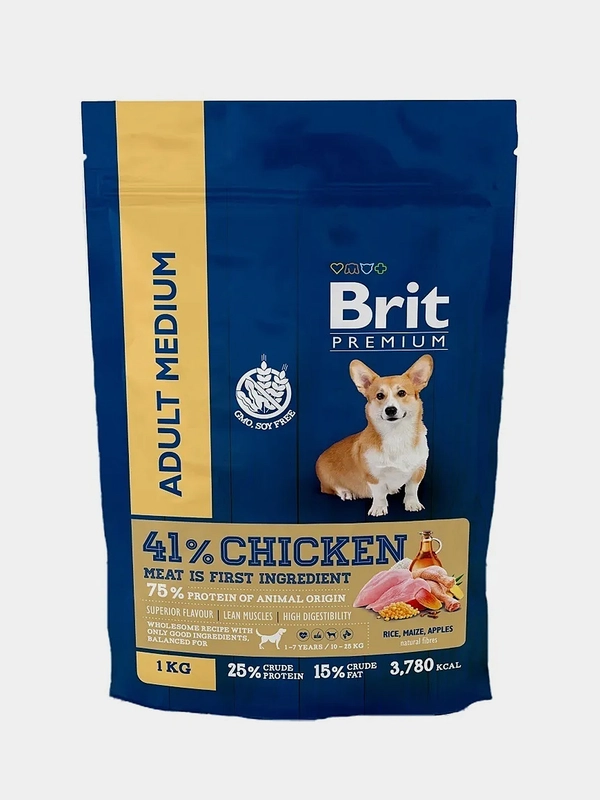 Корм сухой Brit Premium для взрослых собак средних пород, курица, 1 кг