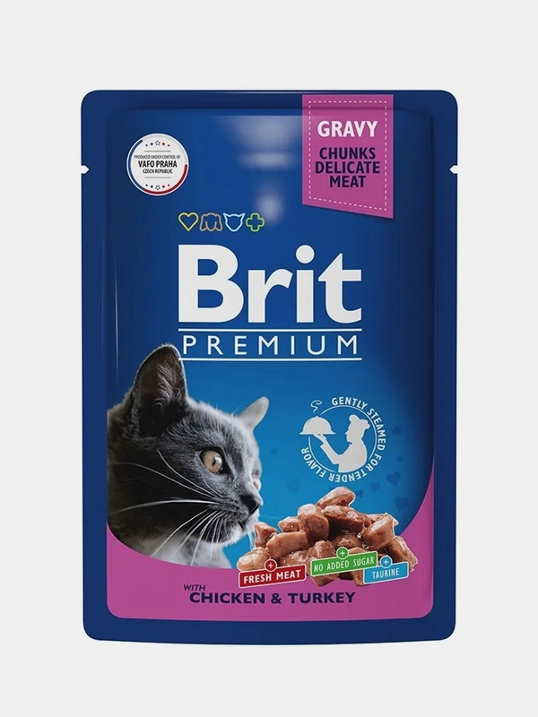 Корм влажный Brit Premium для кошек, цыпленок и индейка в соусе, 85 г