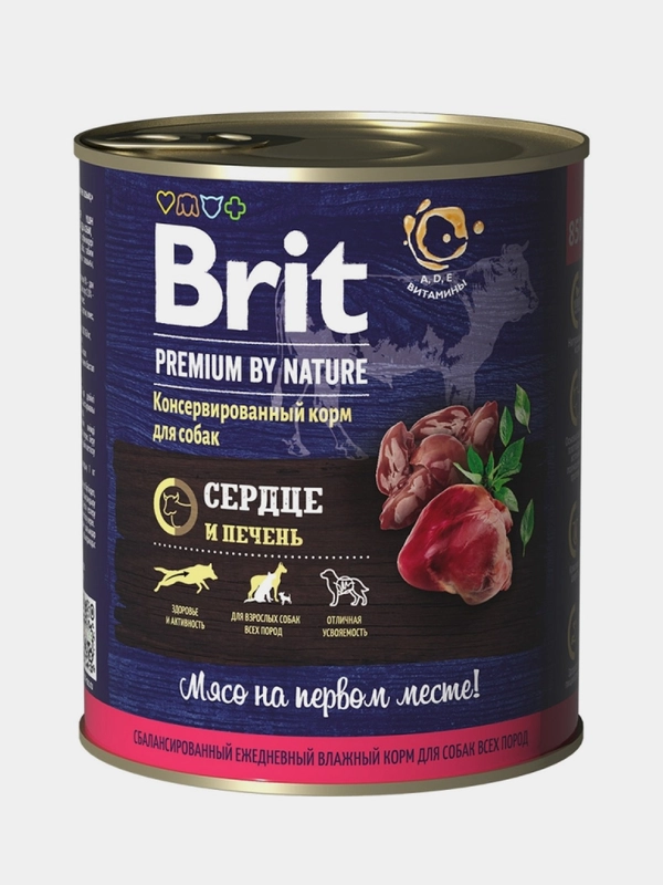 Корм влажный Brit Premium, для взрослых собак всех пород, с сердцем и печенью, 850 г